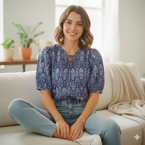 Banana Republic Petite Blue Pink Ikat Print Lace Up Puff Sleeve Top -‎ Size S